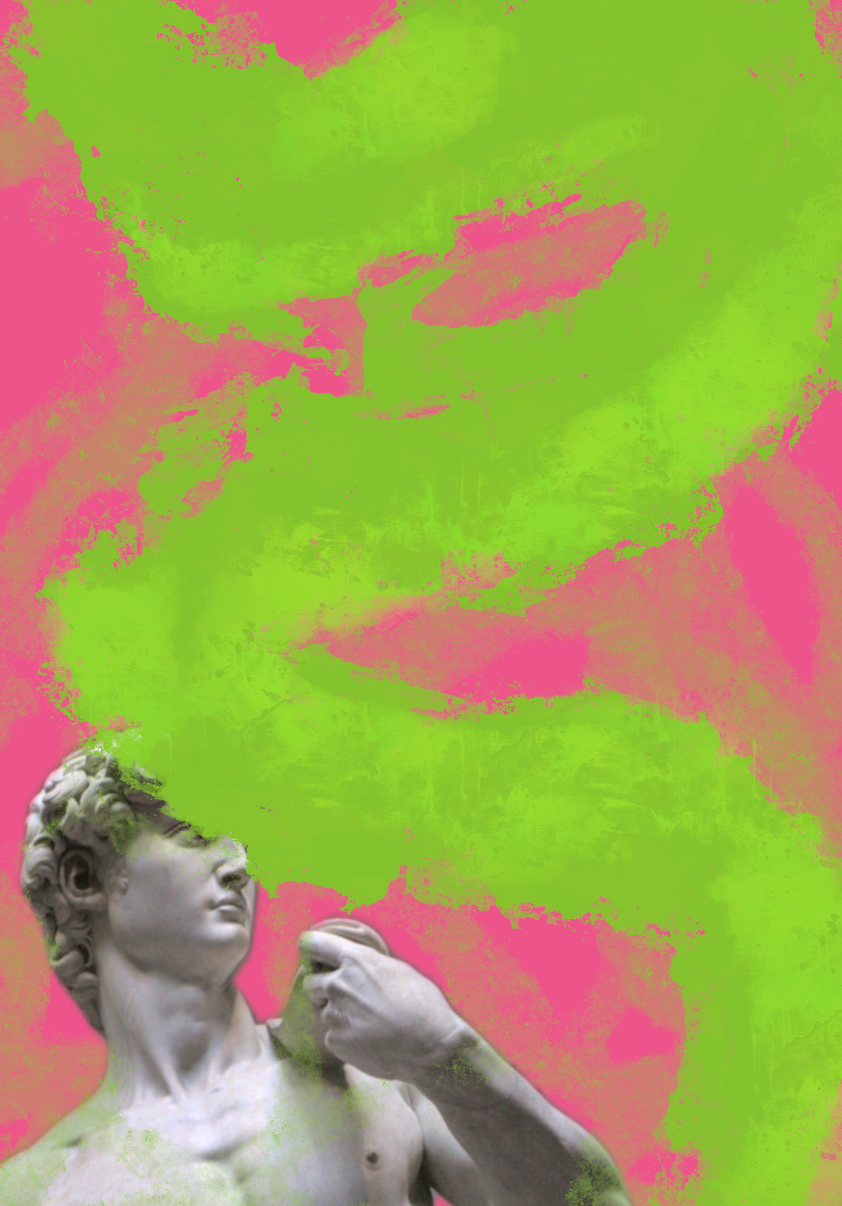 Michelangelo's David, cropped at the shoulders and gazing upward, set against a loose wash of acid green and hot pink.