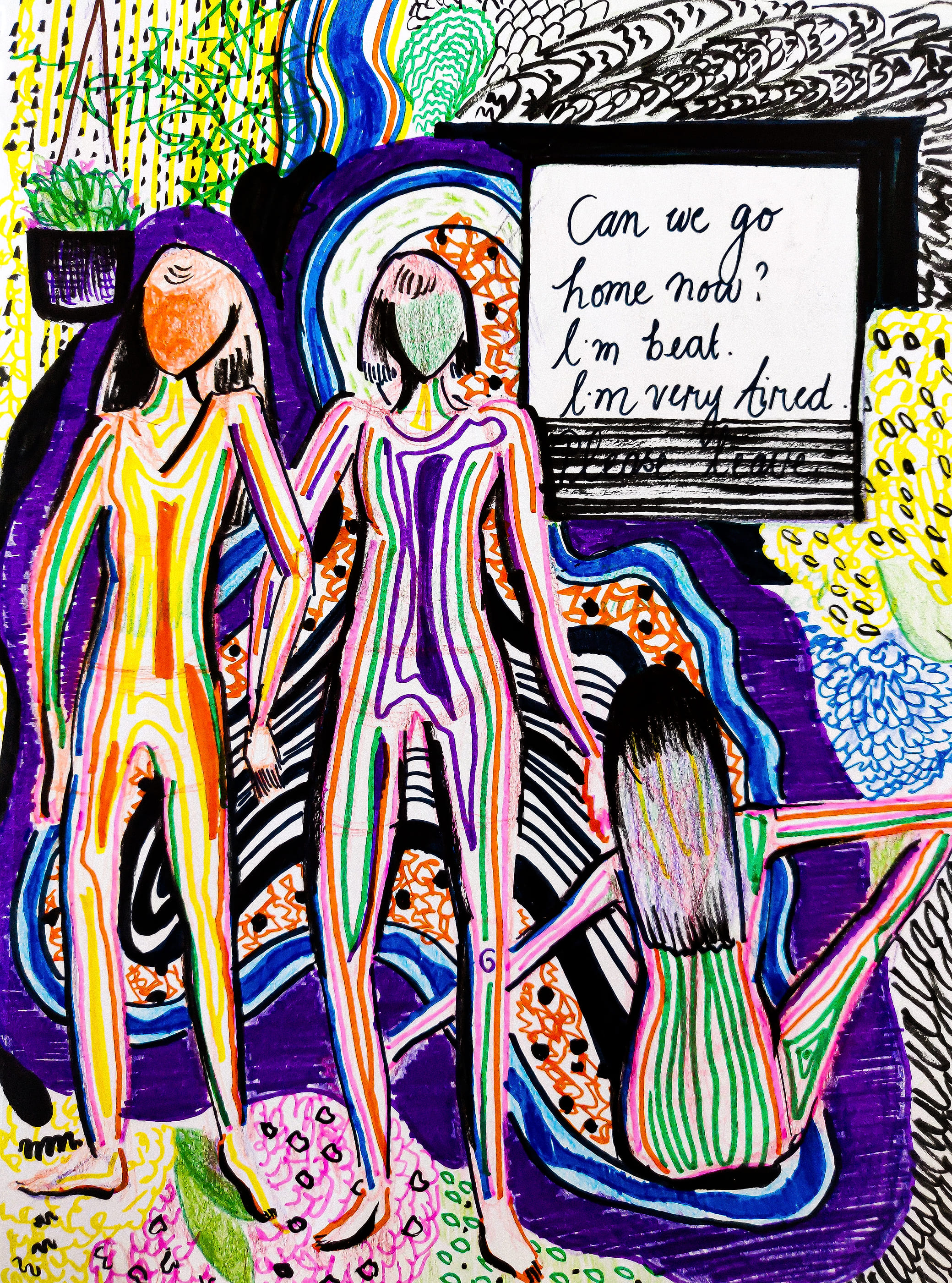 Three long-limbed figures in vividly striped bodysuits stand and sprawl in a room patterned edge to edge in yellow, purple and black. A framed picture on the wall reads: Can we go home now? I'm beat. I'm very tired.