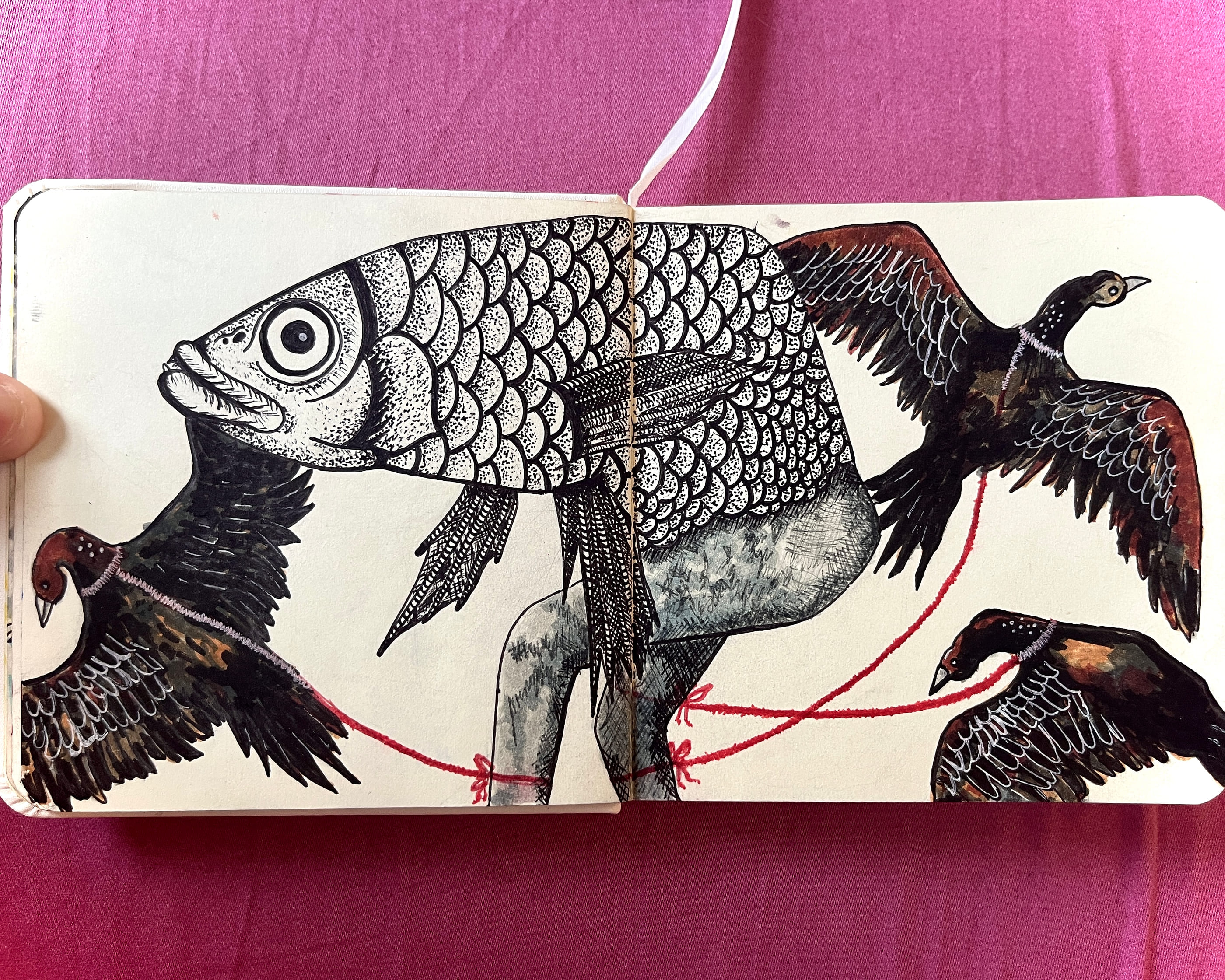 A large stippled fish with a heron's grey body is pulled four ways at once by dark birds harnessed to it with red thread, drawn across an open sketchbook resting on magenta silk, fingers holding the page at the left edge.