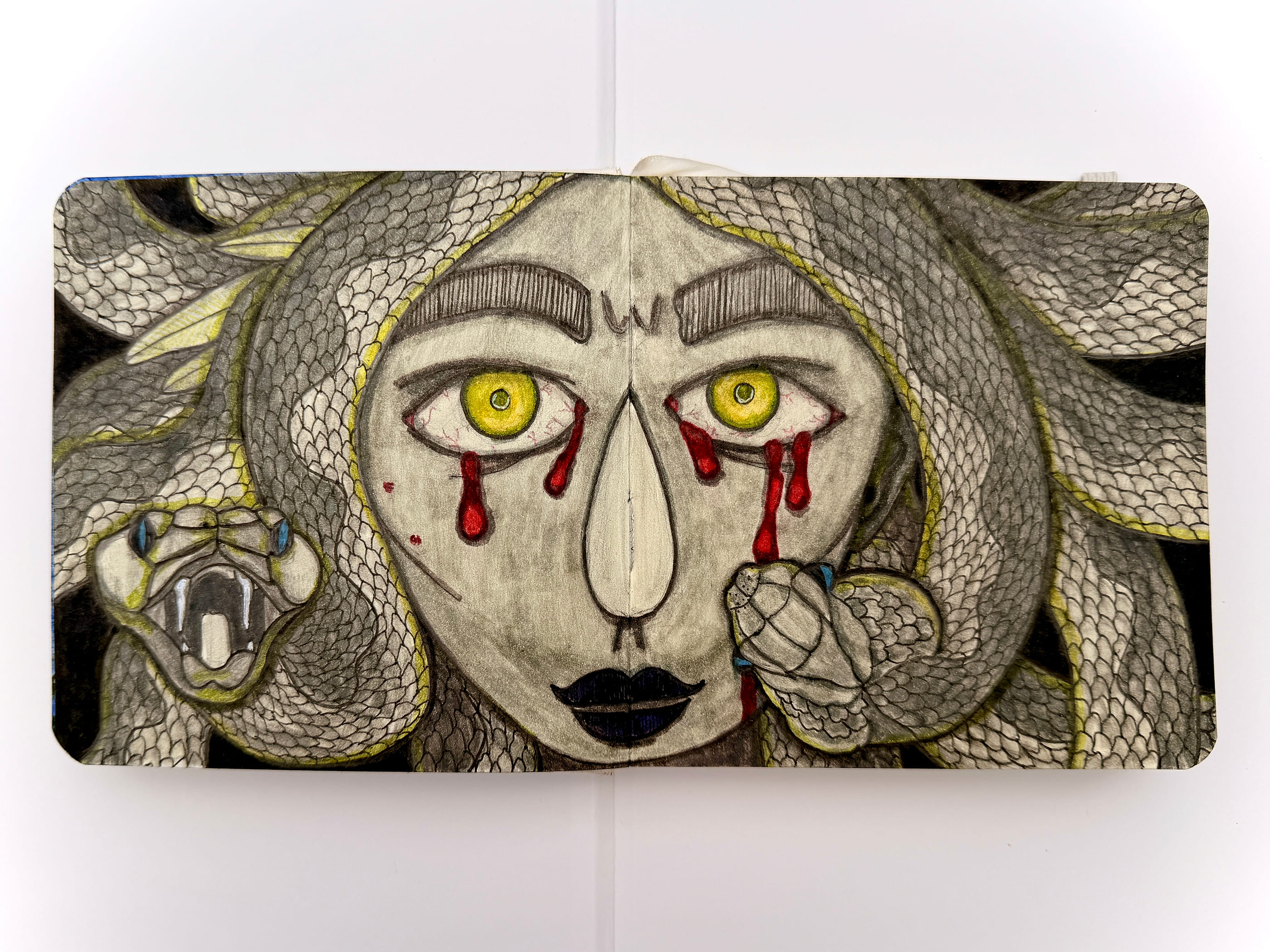 An open sketchbook spread holding a frontal portrait of a woman whose hair is a thick mass of grey scaled snakes, edged in yellow. Her eyes are yellow with dark slit pupils, heavy red tears run from them down her grey cheeks, and one snake rears open-mouthed beside her while a scaled hand curls under her right eye.