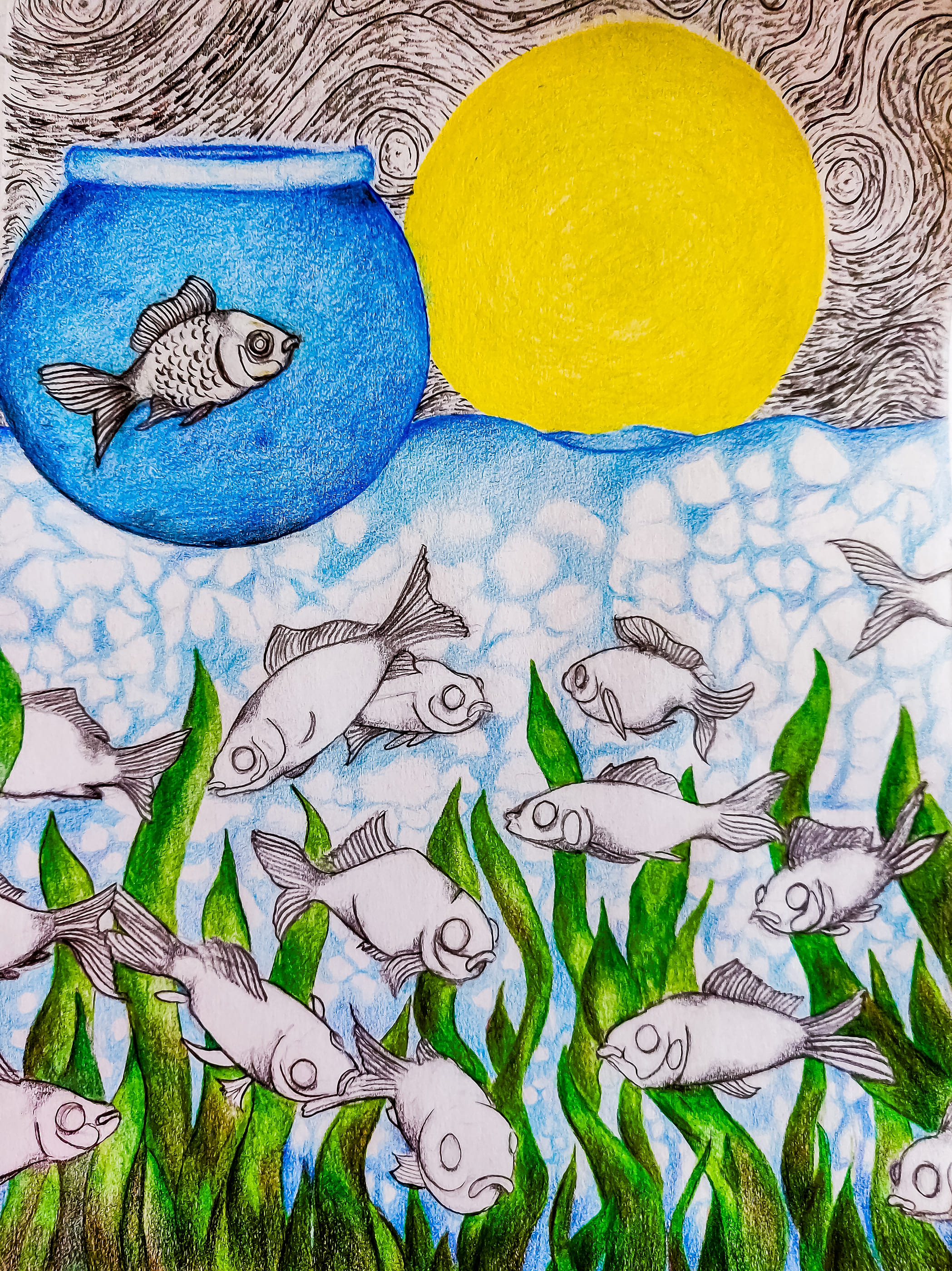A single goldfish alone in a blue fishbowl floats above a sea crowded with dozens of pale fish among green reeds. A large yellow sun sits behind, and the sky above is dense with dark ink swirls.