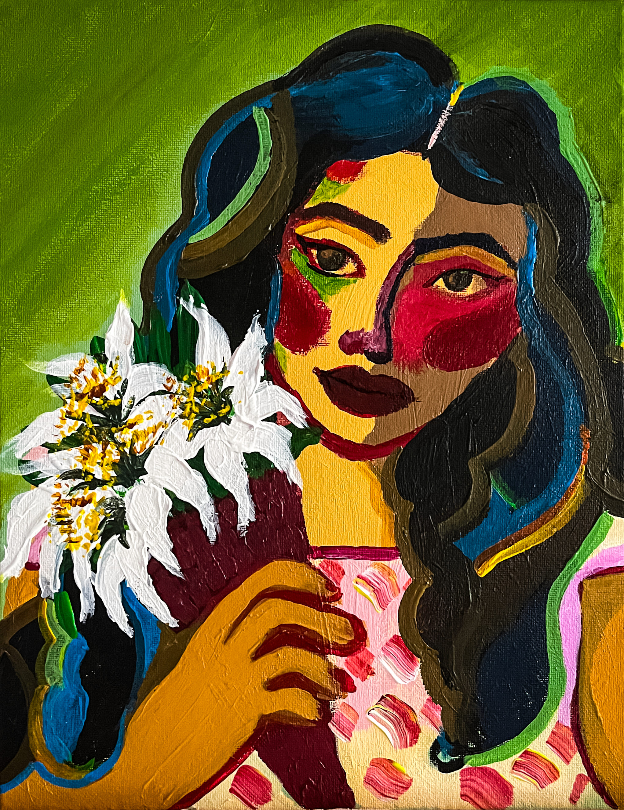 A woman with long dark hair holds a bunch of white daisies to her chest. Her face is painted in flat blocks of yellow, crimson and green against a bright olive background.
