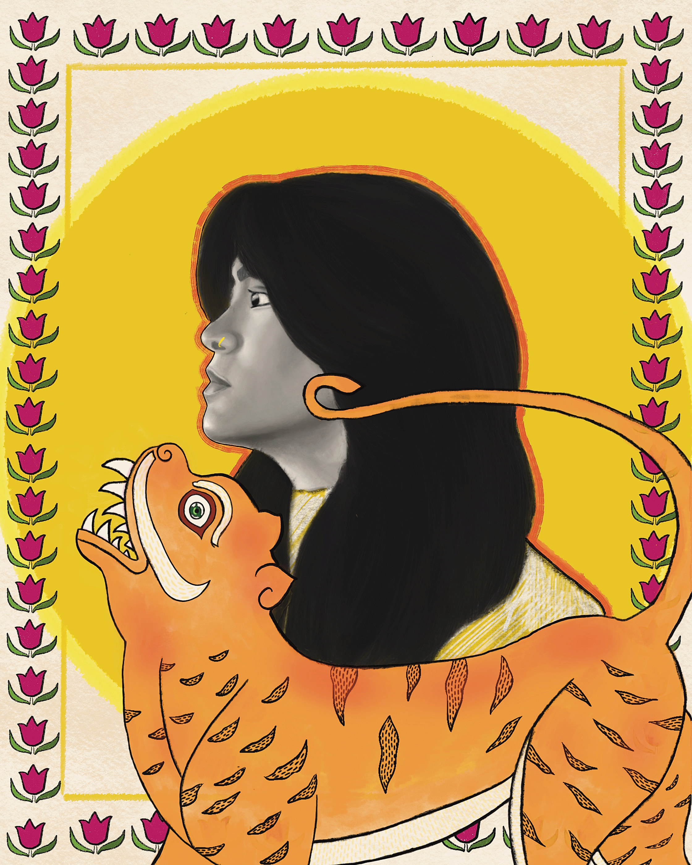 A woman in profile with long black hair looks upward, haloed in yellow, while a large orange tiger-like creature with a curling tongue rears up beside her. The whole scene is framed by a border of magenta tulips.