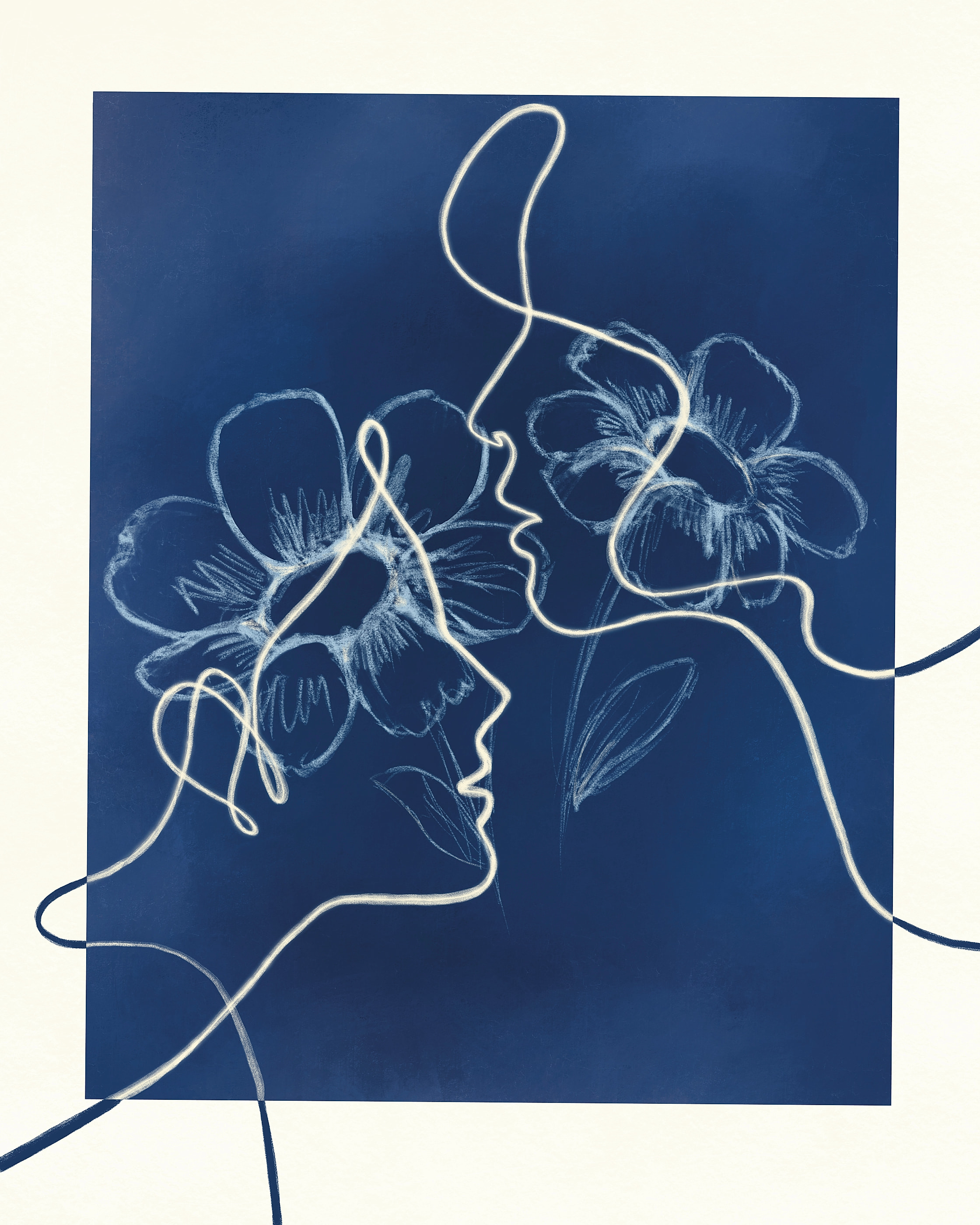Two faces in profile, drawn as one continuous white line, lean toward each other over chalky white flowers on a deep Prussian blue ground. The line spills past the edges of the blue rectangle onto the pale paper around it.