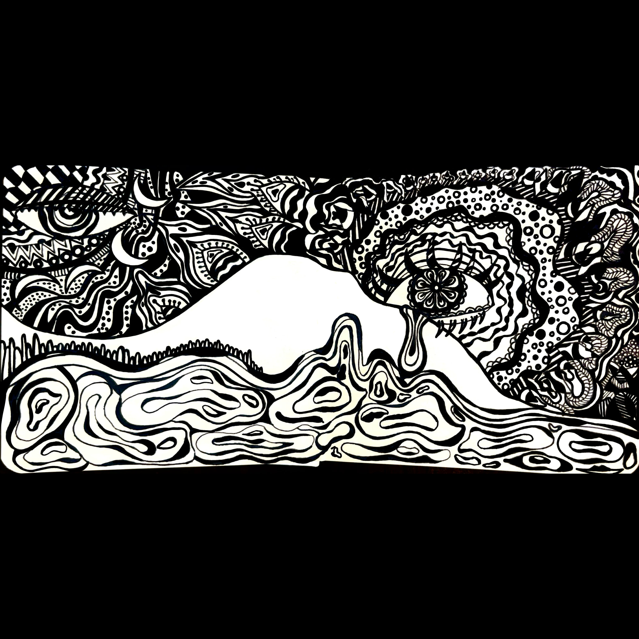 A dense black-and-white ink panorama. A pale crescent hill rises out of rippling contour lines, flanked by a mandala-centred eye weeping a single drop, with patterned waves, snakes and a smaller eye filling the rest of the field.