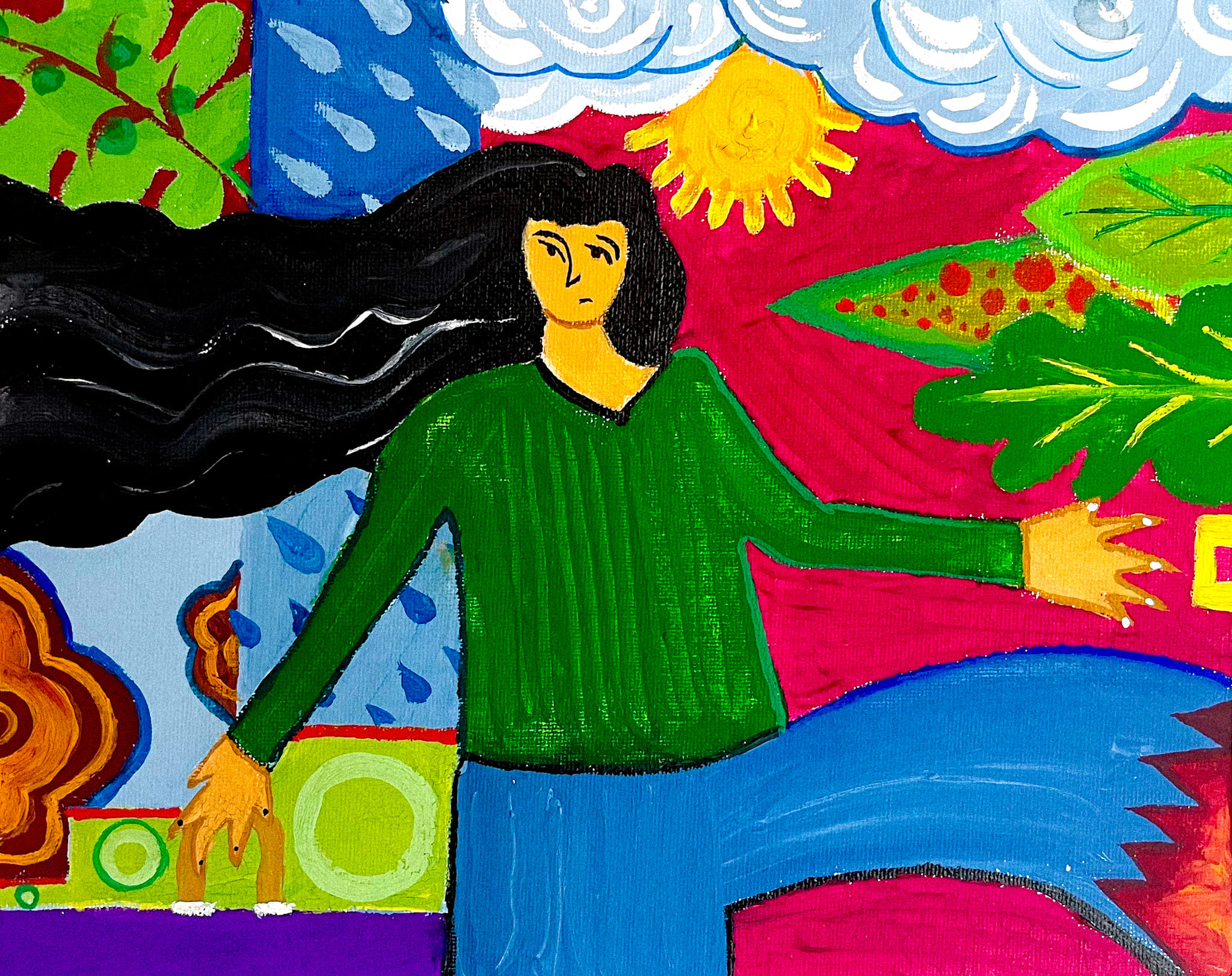 A woman in a green sweater, her black hair streaming sideways, stands with arms outstretched against a patchwork of pink, blue and green fields. Rain, sun, clouds and foliage all happening at once.